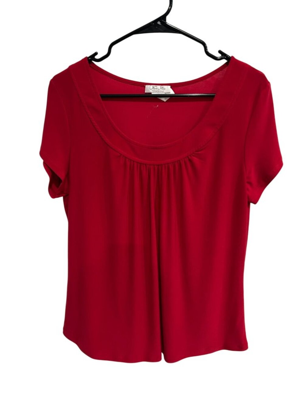 New Mix Red Short Sleeve Pleated Scoop Neck Top Stretch Minimalist Coquette